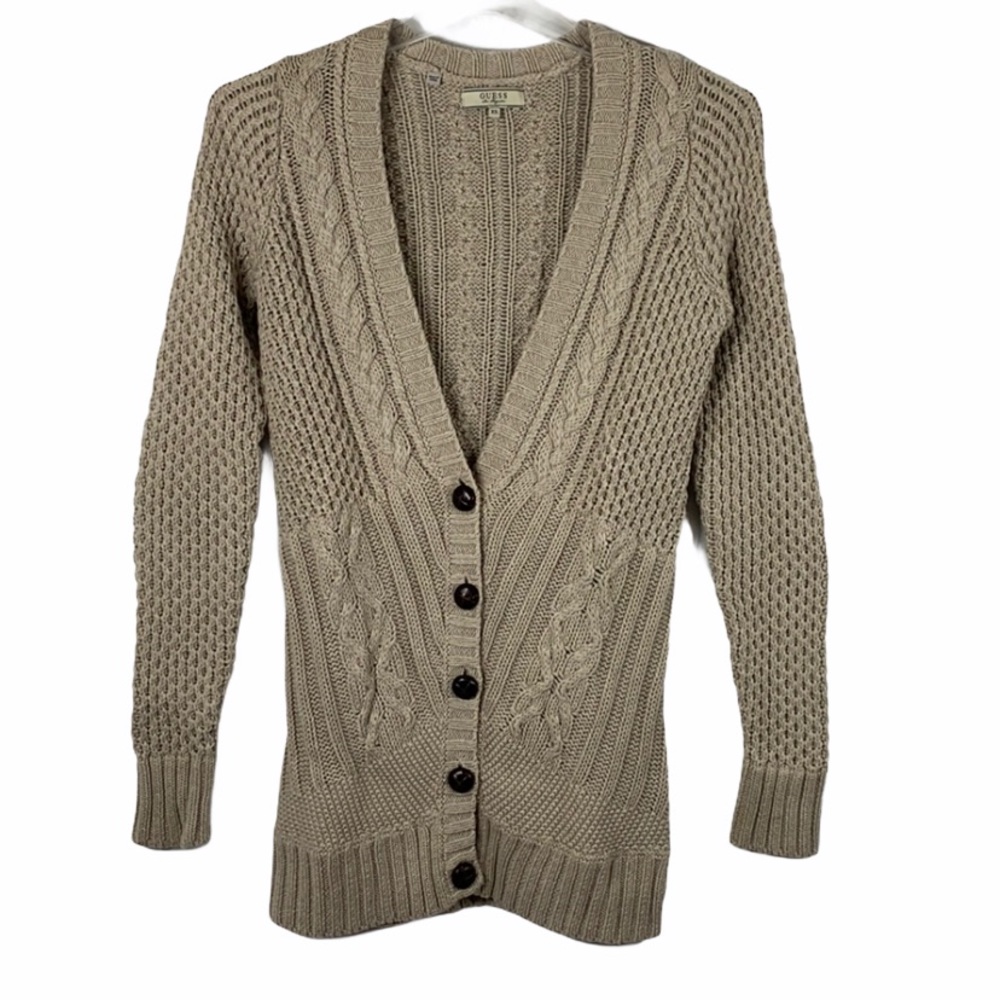 Guess Womens Tan Cardigan Sweater Cable Knit Button Up Size XS